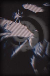 a dark image of a person laying on their bed, staring into their phone. An overlay of a clock winding into a spiral is transparent over the image, it is meant to convey time running out while this person is trying their hardest to get by. 