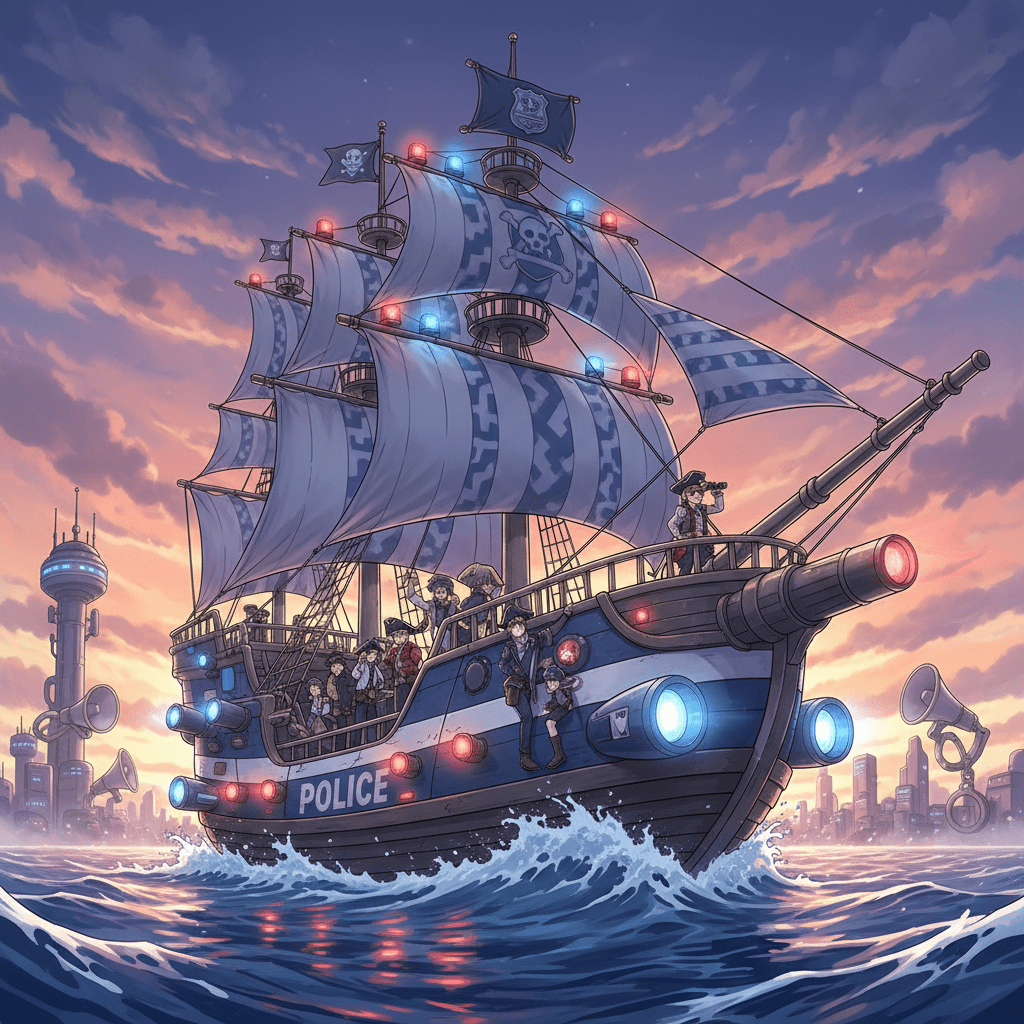 Large wooden sailing ship with "POLICE" text, flashing emergency lights, and crew at sunset.