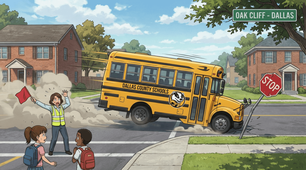 Speeding Dallas County school bus nearly hitting students and a crossing guard in Oak Cliff.