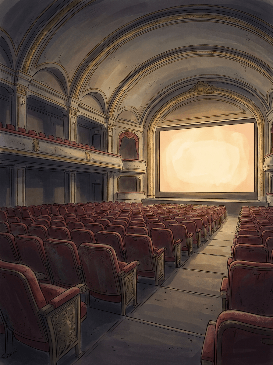 Illustration of an empty grand theater with red seats and a bright glowing movie screen.