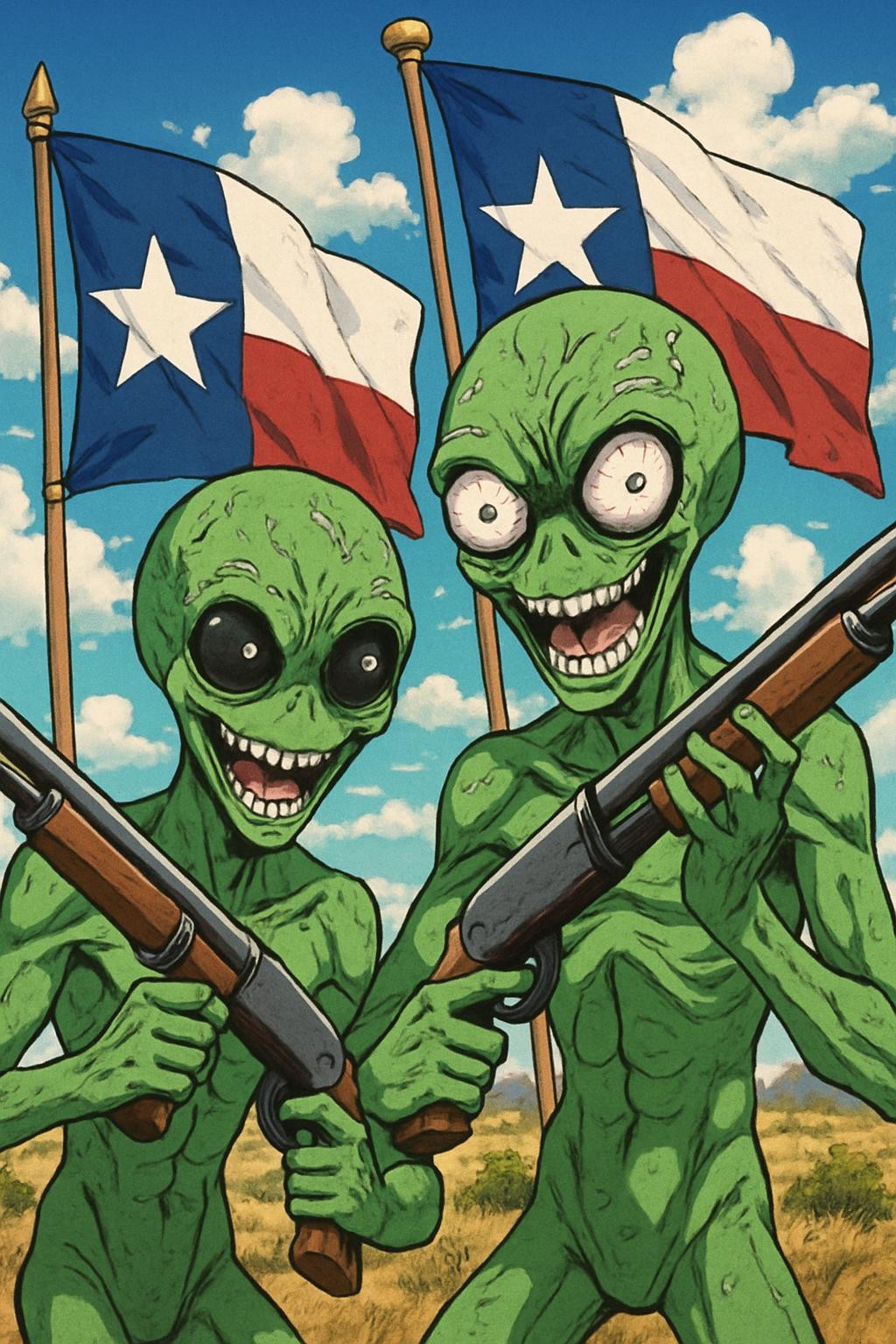 Two green aliens holding shotguns, Texas flags in background