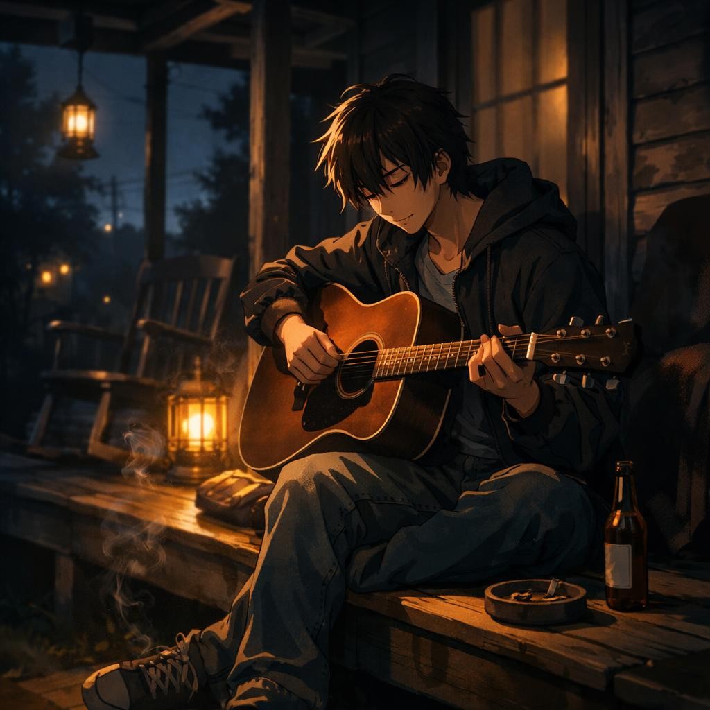 Young man playing acoustic guitar on wooden porch at night with lanterns lighting the scene