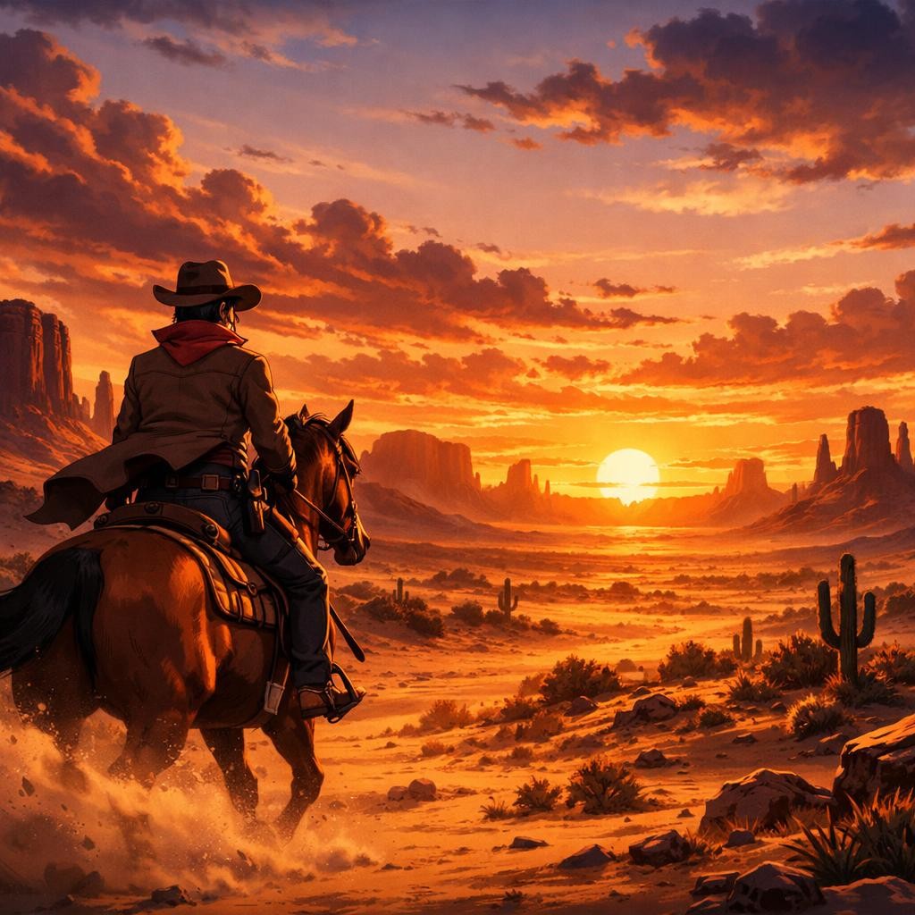 Cowboy on horseback riding through a desert towards a setting sun with clouds and rock formations
