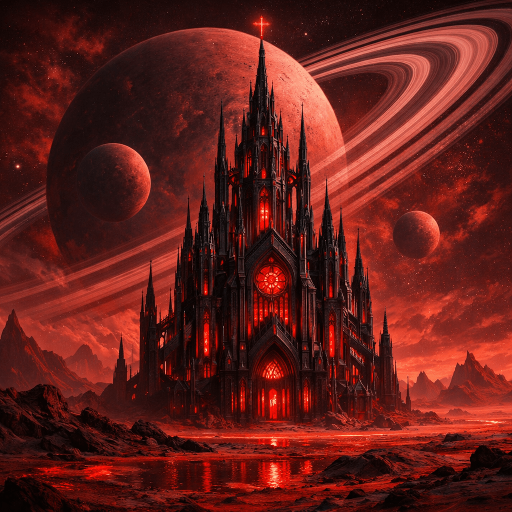 Gothic cathedral with glowing red lights under a red sky with large planet and moons