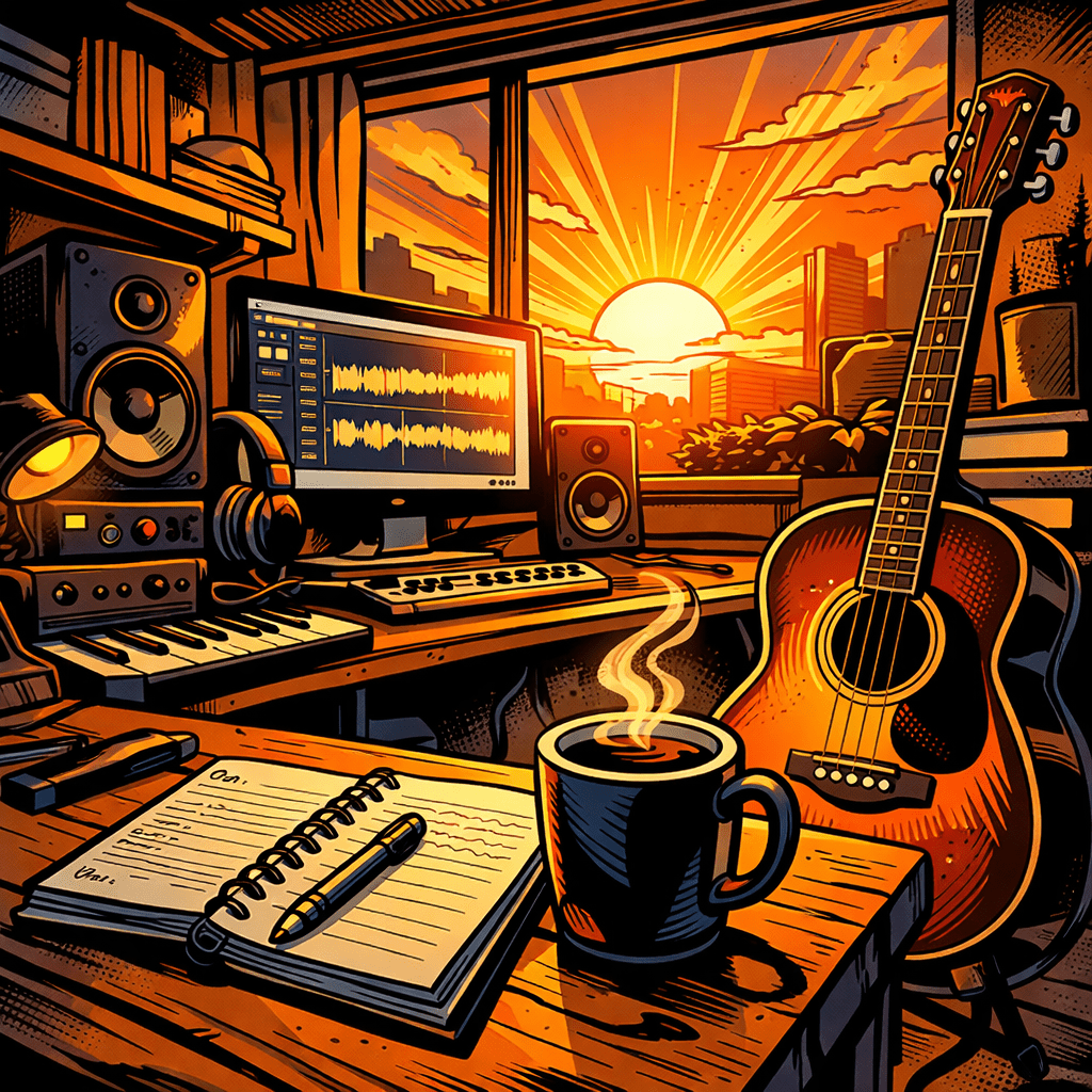 Music studio setup with computer, keyboard, guitar, notebook, and coffee at sunrise