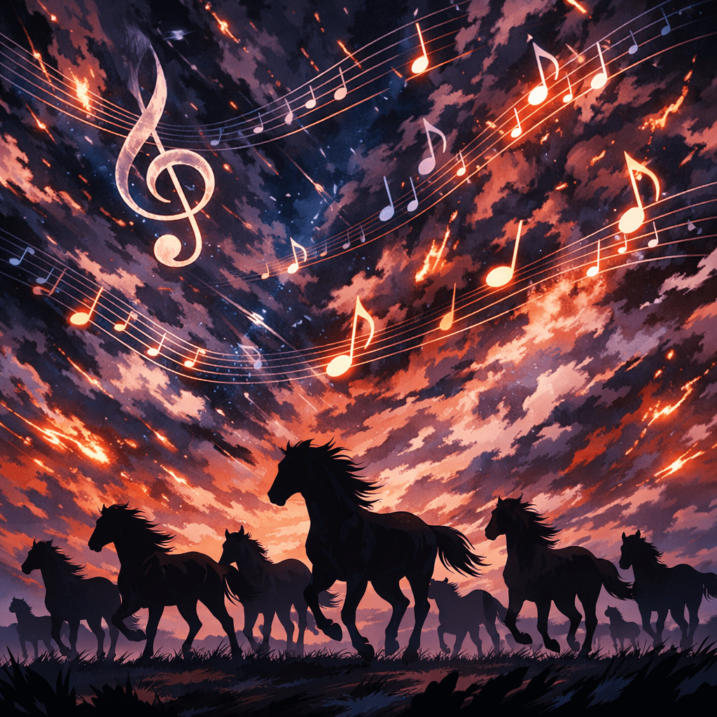 Silhouettes of horses running with musical notes in a colorful sunset sky