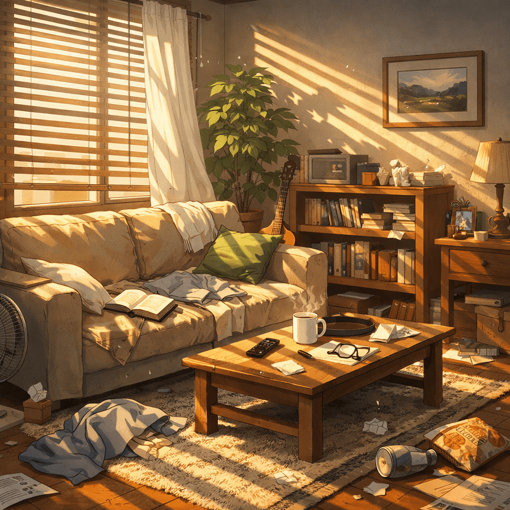 Sunlit living room with a sofa, coffee table, bookshelf, and scattered items