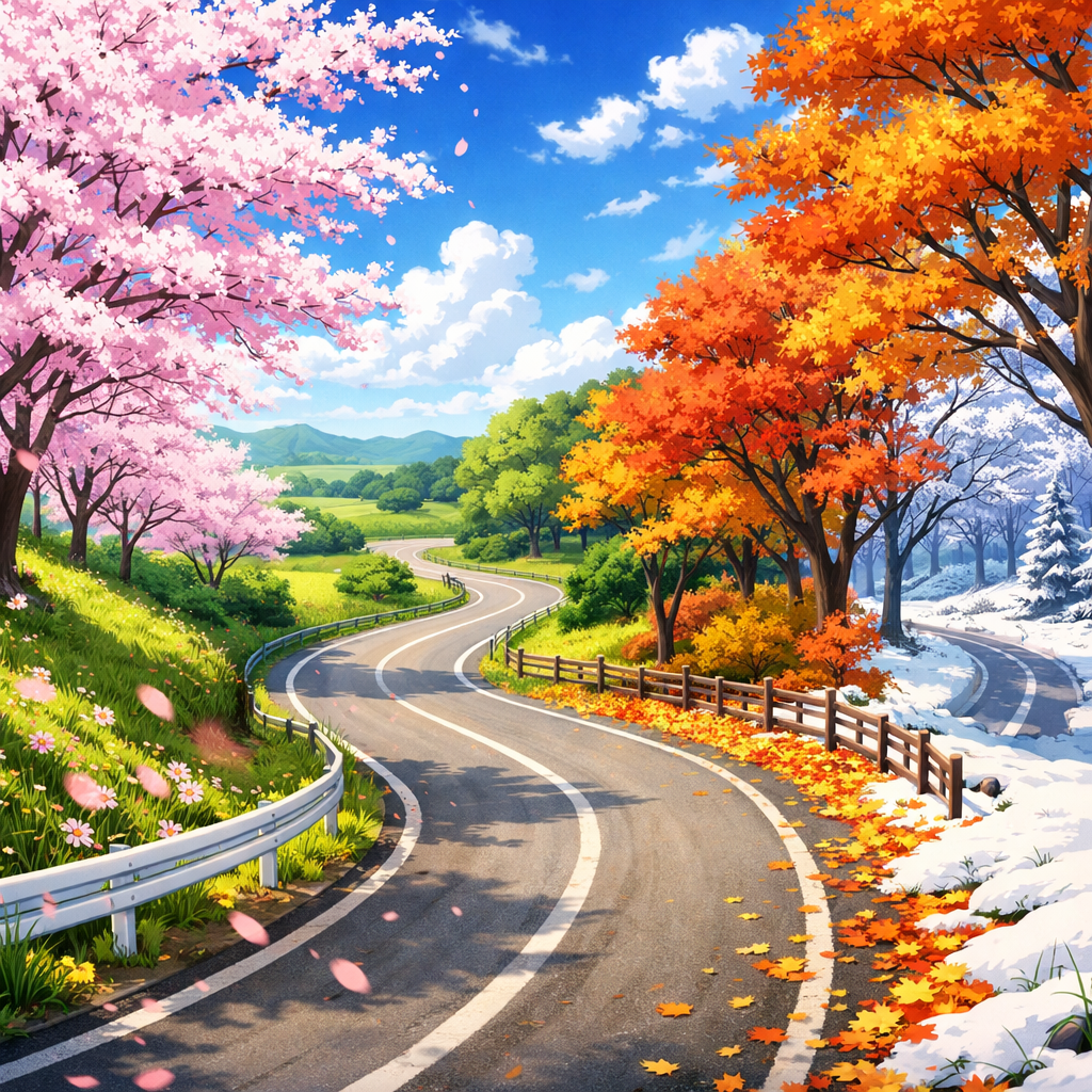 Curved road passing through spring cherry blossoms, green summer trees, autumn orange leaves, and snowy winter trees