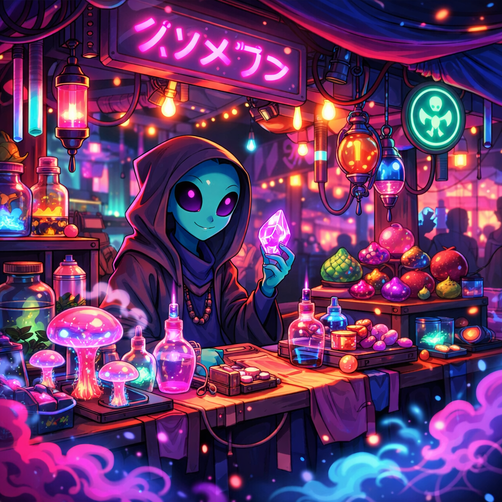 Alien vendor holding a glowing purple crystal surrounded by colorful potions and exotic items at a neon-lit market stall