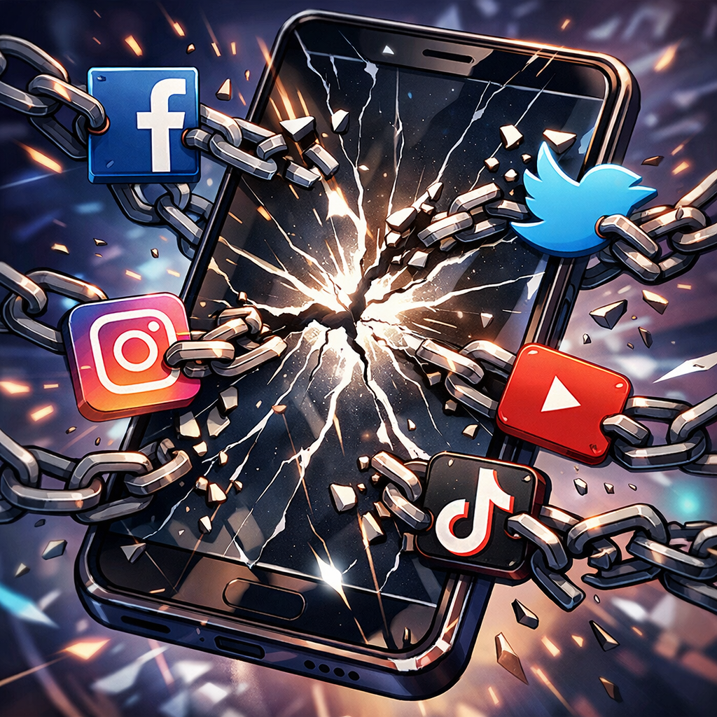 Smartphone with shattered screen breaking chains linked to Facebook, Twitter, Instagram, YouTube, and TikTok icons