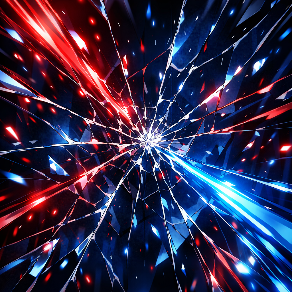 Shattered glass with bright red and blue neon light reflections