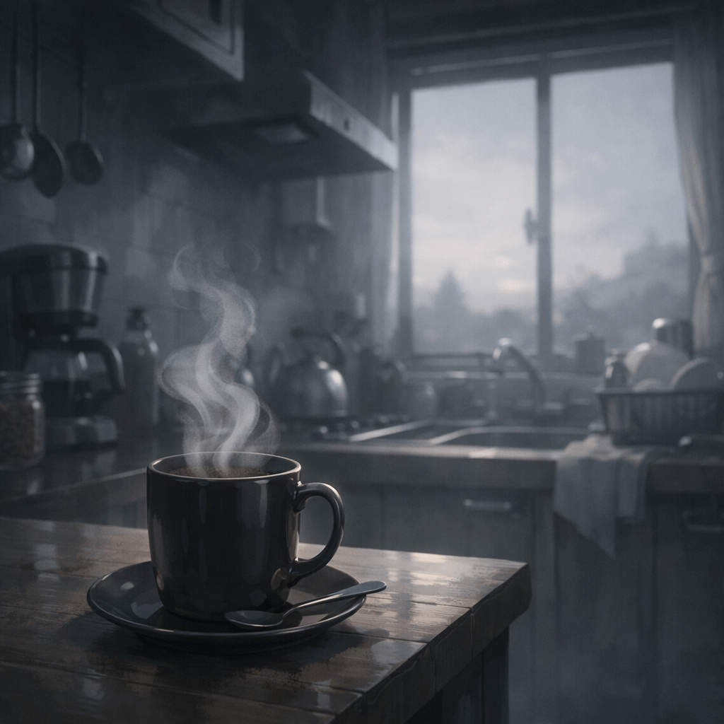 Steaming black coffee cup on saucer with spoon on wooden table in kitchen