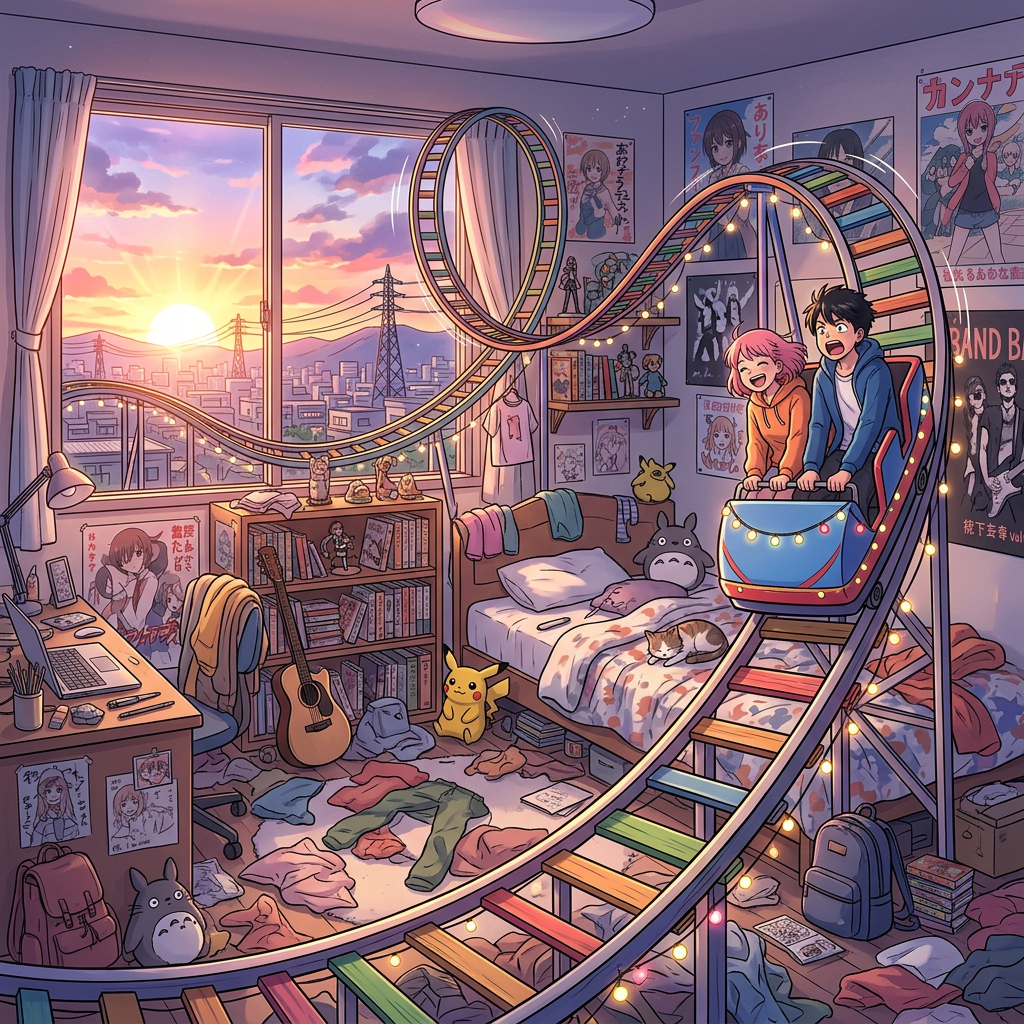 Two kids riding a small roller coaster inside a cluttered bedroom with shelves, posters, and a sunset city view