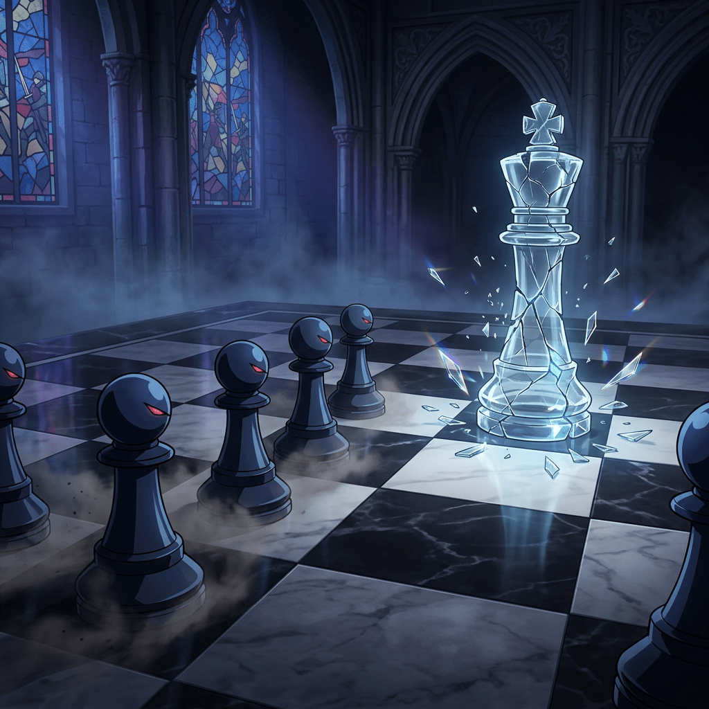 Glowing glass king chess piece breaking surrounded by black pawns with red eyes on a chessboard in a cathedral-like room.