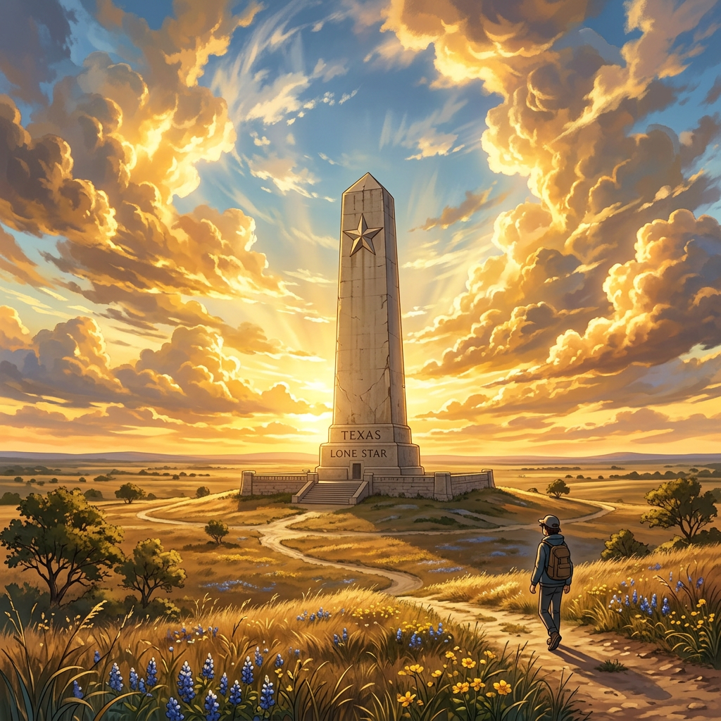 Traveler walking on a path towards Texas Lone Star Monument at sunset