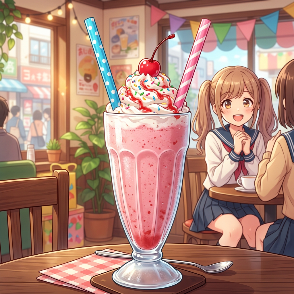 Strawberry milkshake with whipped cream, sprinkles, cherry, and two straws on a table