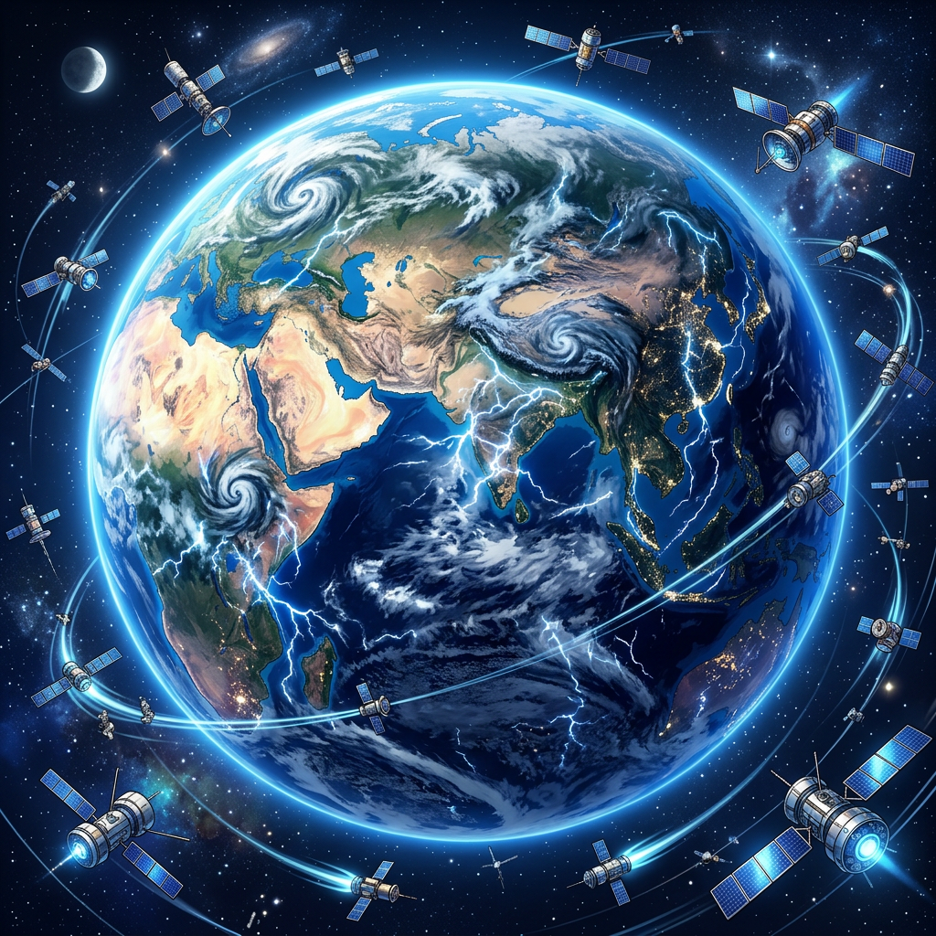 Earth with swirling storms, lightning, and satellites orbiting in space