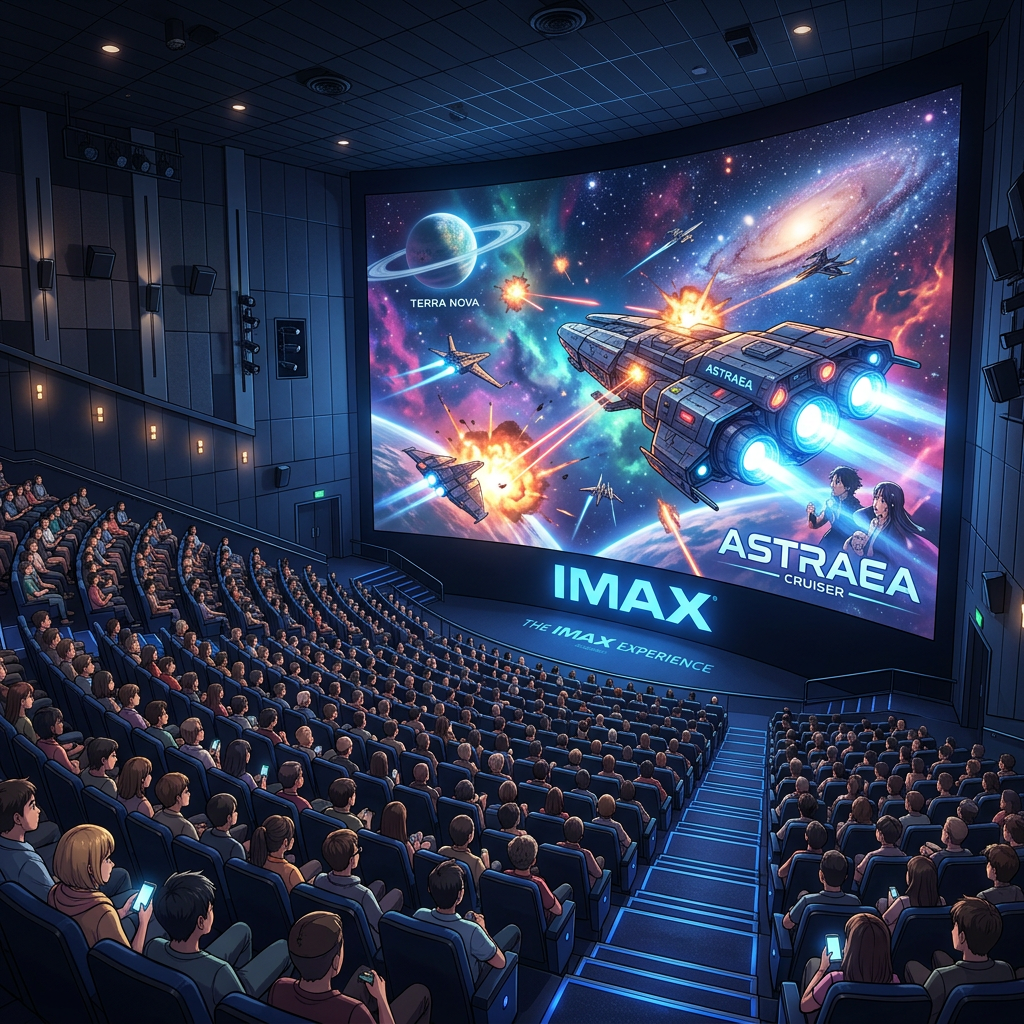 IMAX theater packed with people watching a vibrant sci-fi space battle on a large screen
