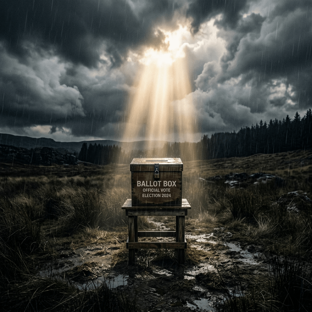 A locked wooden ballot box on a stand in a muddy field with rain and sunlight breaking through clouds