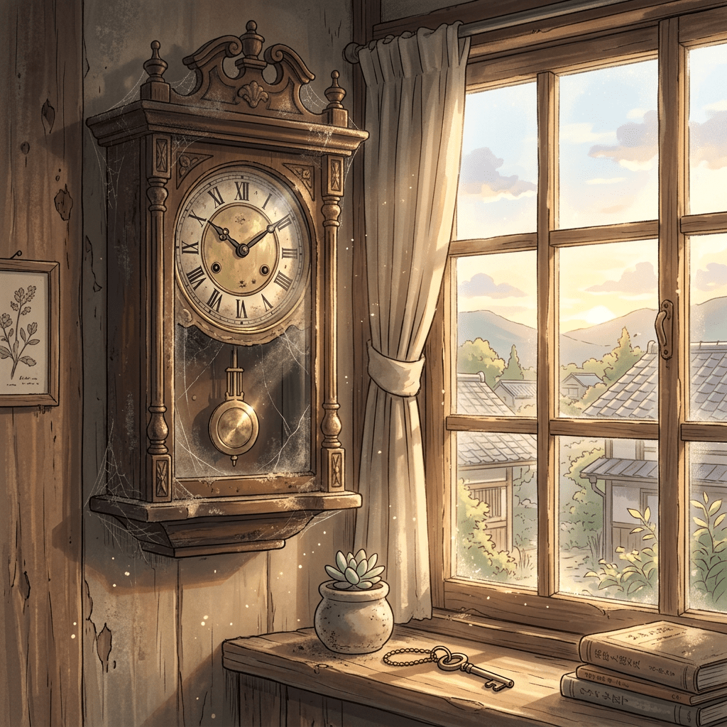 Vintage wooden wall clock with pendulum near a sunlit window showing village rooftops and mountains at sunset