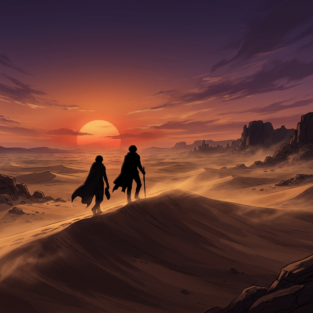 Two people walking on sand dunes in a desert at sunset