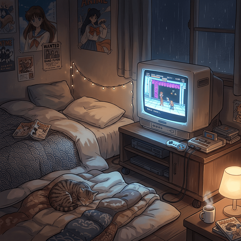 Bedroom with CRT TV playing retro game, cat sleeping on bed, manga books