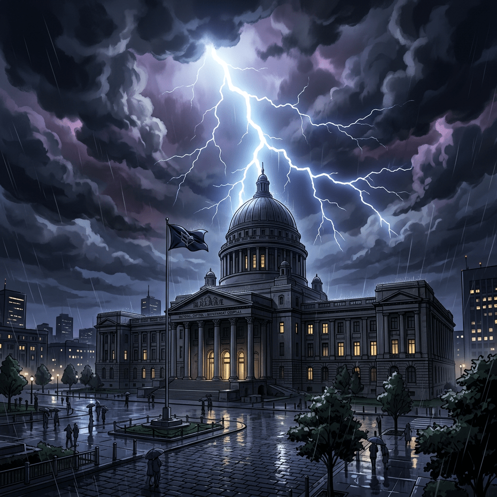 Historic government building with dome struck by lightning during a rainy night