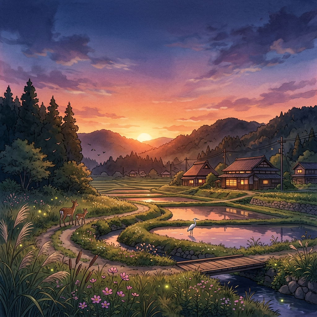 Countryside landscape at sunset with traditional houses, deer, heron, and rice paddies