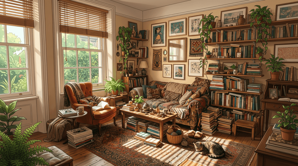 Sunlit cozy living room with armchair, sofa, books, plants, and a sleeping cat