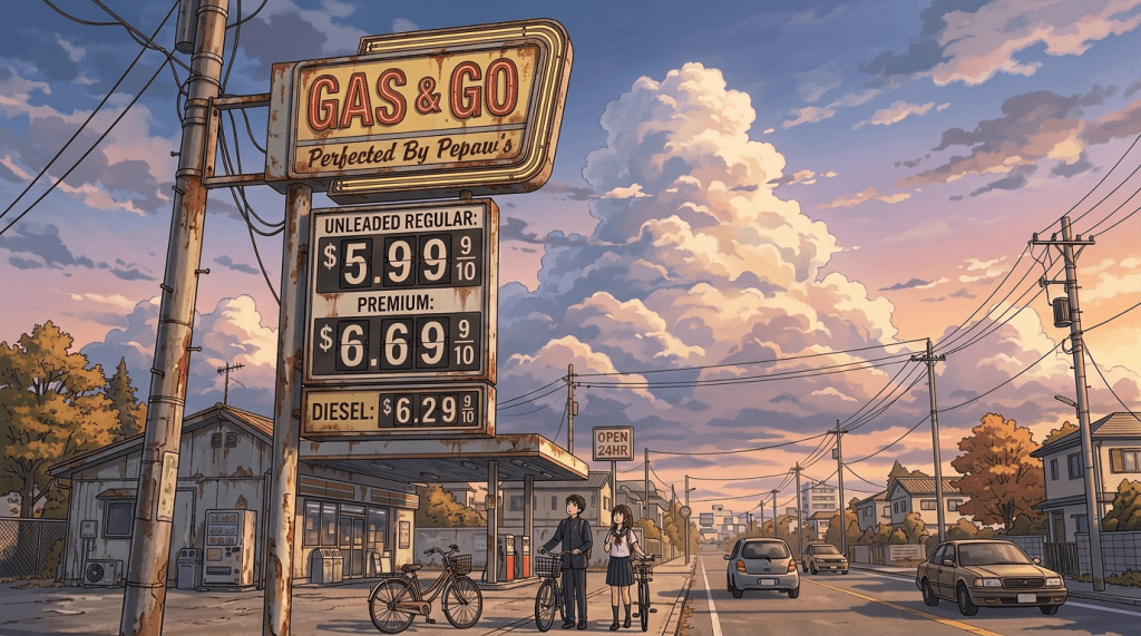 Full service Gas & Go station with gas prices and two students with bicycles