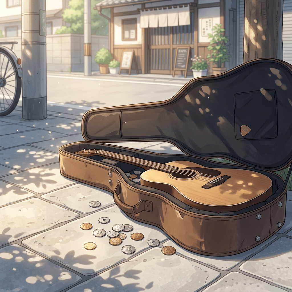 Open guitar case with acoustic guitar and coins on a sunlit sidewalk near a tree and bicycle