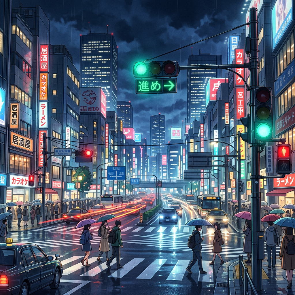 Busy nighttime Tokyo street intersection with pedestrians holding umbrellas and traffic lights
