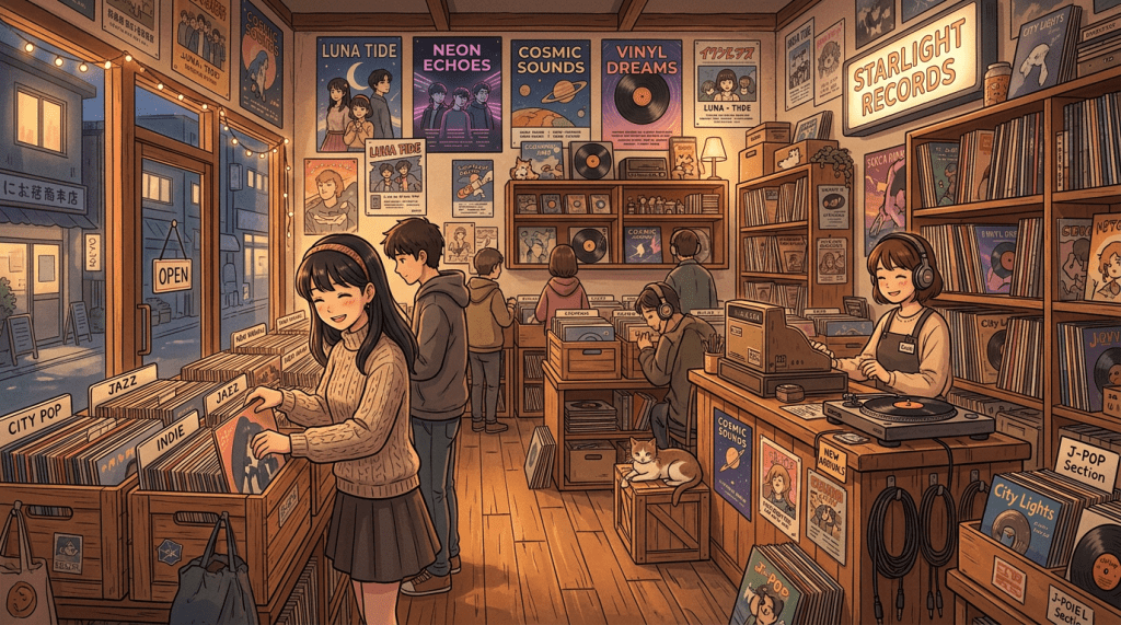 Customers browsing and listening to vinyl records inside a cozy music shop