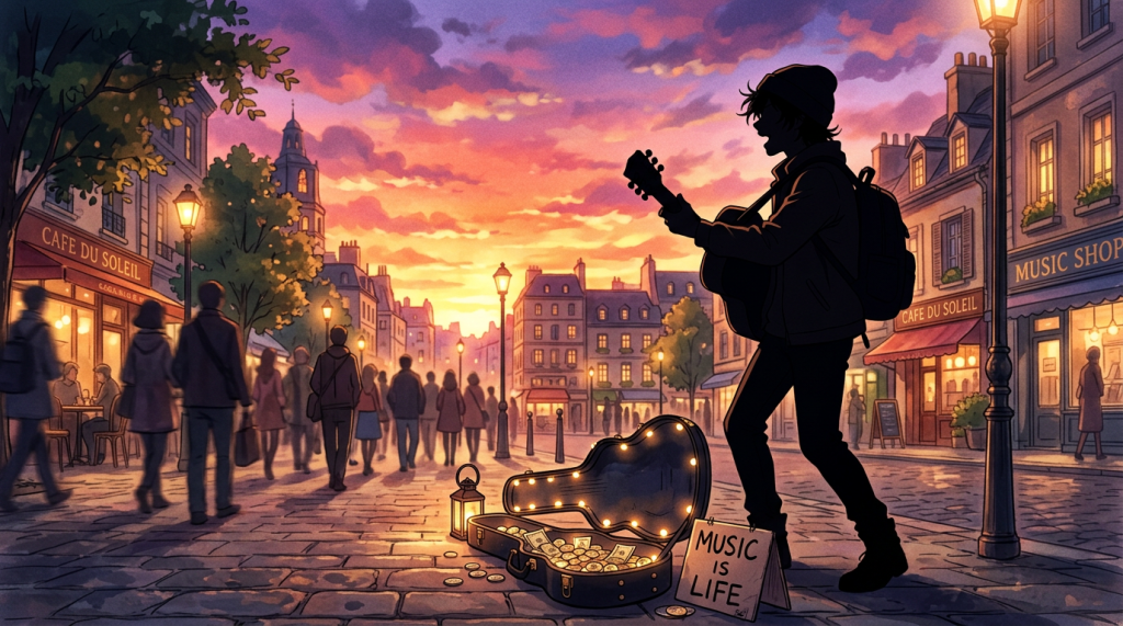 Silhouette of street musician playing guitar with open case and coins