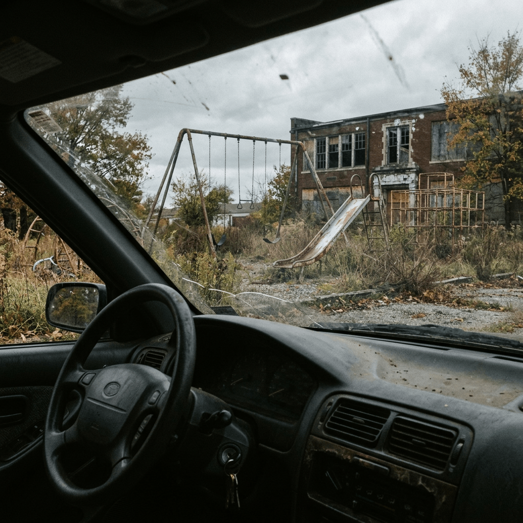 Rusty swings and slide in overgrown playground outside an old, boarded-up building