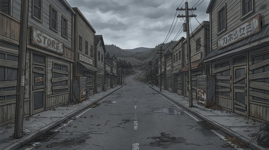 Empty cracked road lined with boarded-up wooden buildings and old vending machines