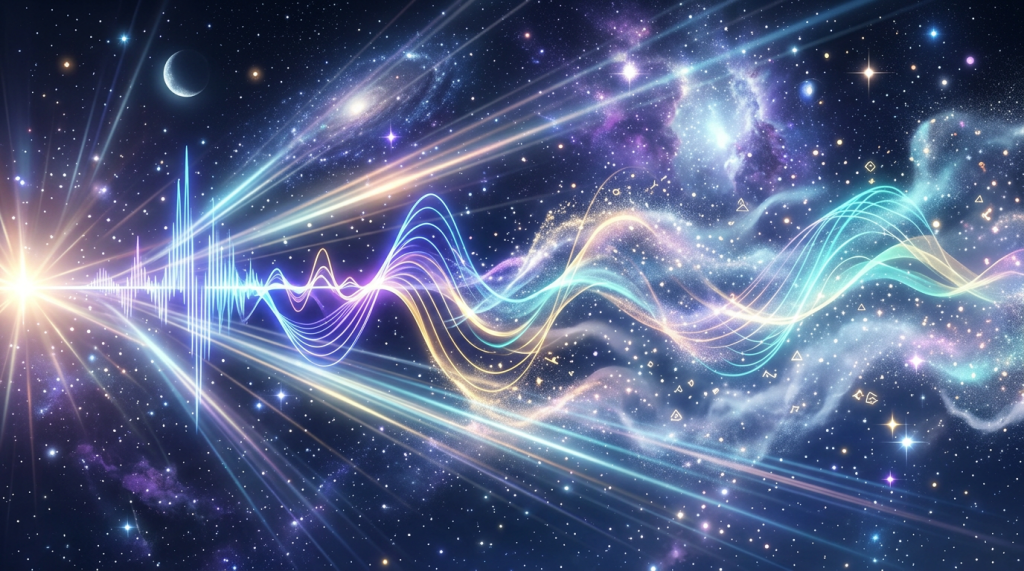 Colorful wavy light patterns representing sound waves in outer space surrounded by stars and galaxies
