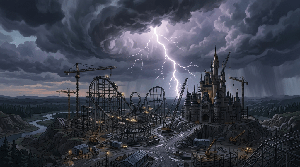 Theme park under construction with a castle, roller coaster, cranes, and lightning in dark stormy weather