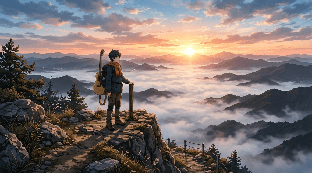 Person standing on rocky mountain peak overlooking sunrise and clouds
