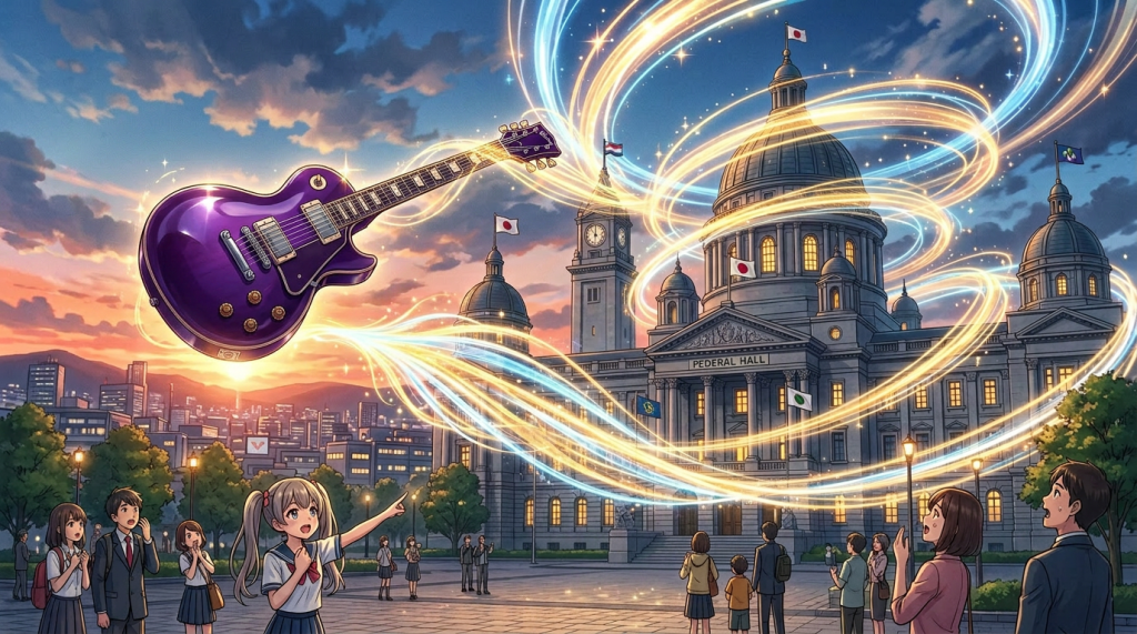 Glowing trumpet emitting magical light swirls near an illuminated Federal Hall building at sunset, surrounded by amazed people.