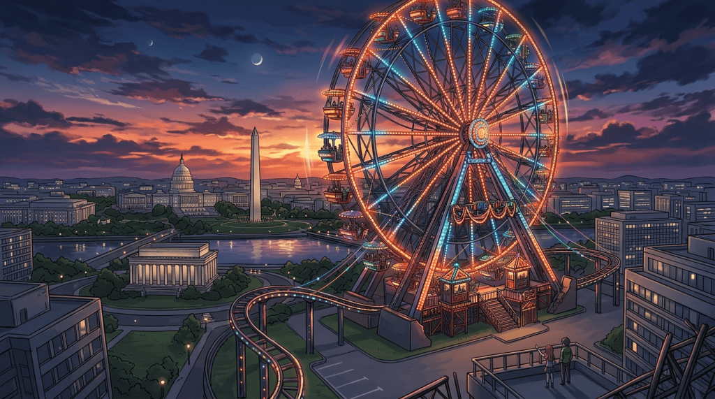 Colorful Ferris wheel lighting up a destroyed urban area at sunset