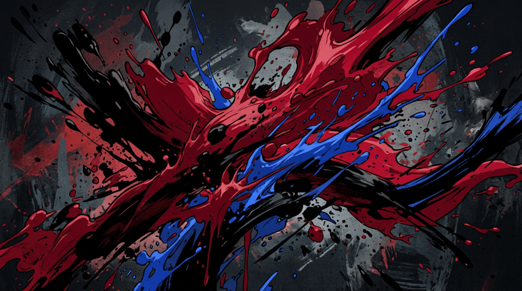 Abstract splash of red, blue, and black paint on dark background
