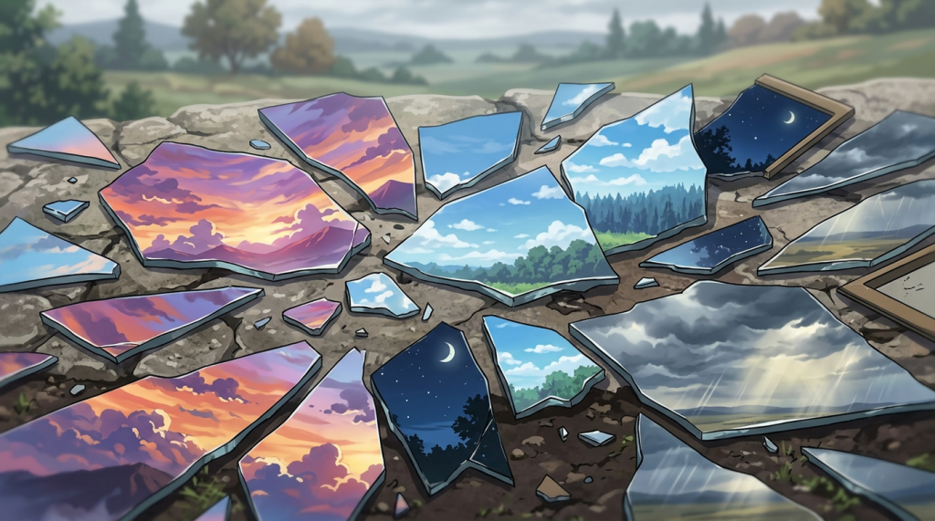 Broken mirror pieces on dirt reflecting various skies including sunset, blue sky, night, and rain
