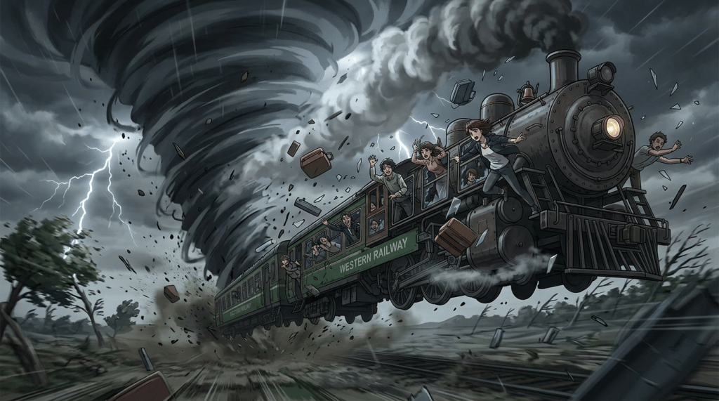 Green passenger train airborne near tornado with people hanging out windows and debris flying