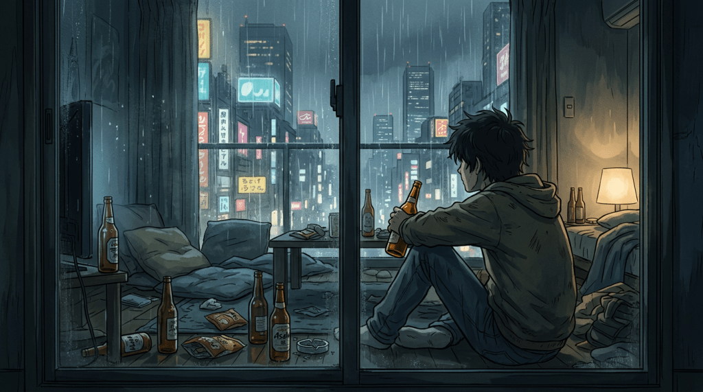 Person sitting on floor holding a beer bottle inside a messy apartment with rain outside and city lights visible