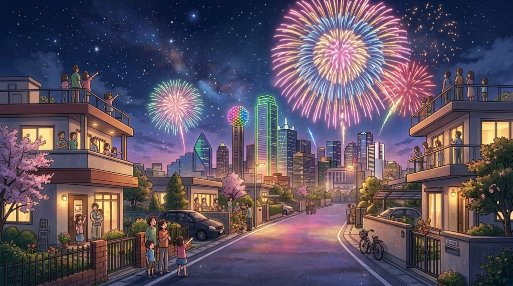 Neighborhood street with families watching colorful fireworks in the evening sky