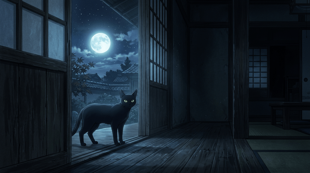 Black cat in doorway of traditional Japanese house at night with full moon