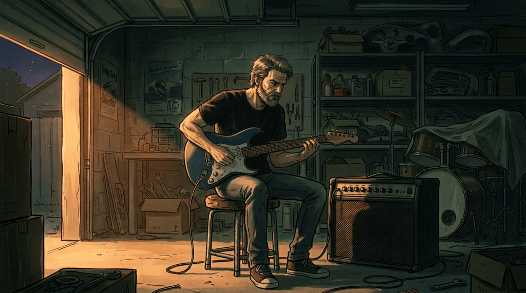Young man playing electric guitar seated on a stool in a dimly lit garage with amplifier and drum set