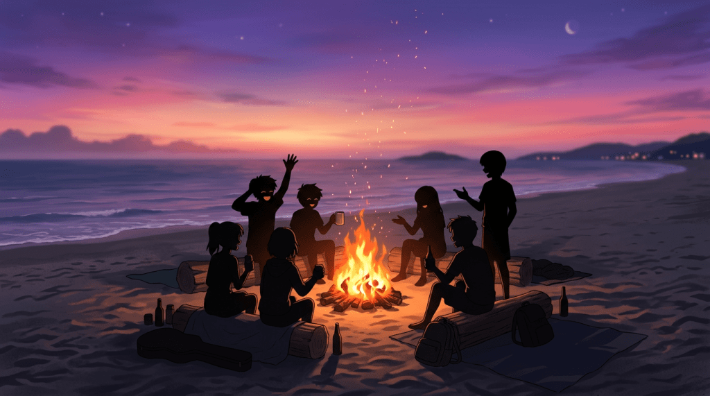 Seven friends sitting and standing around a bonfire on a beach at sunset with ocean waves and a crescent moon in the sky